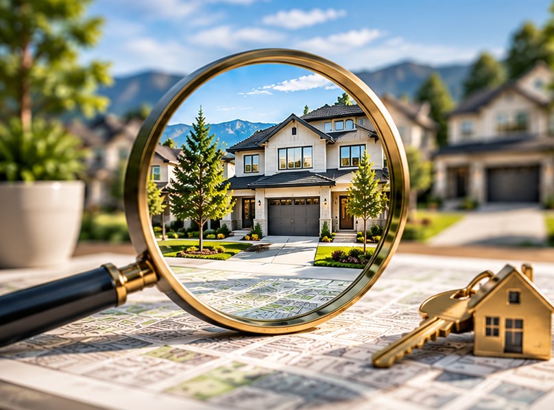 Magnifying glass focused on a home, with house keys on a neighborhood map