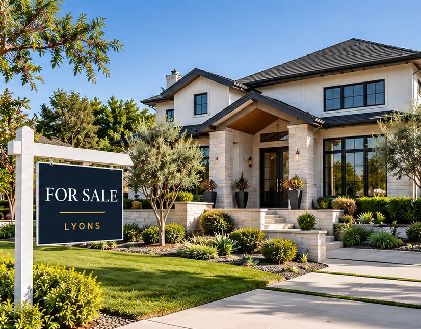 Home for sale with a Lyons For Sale sign
